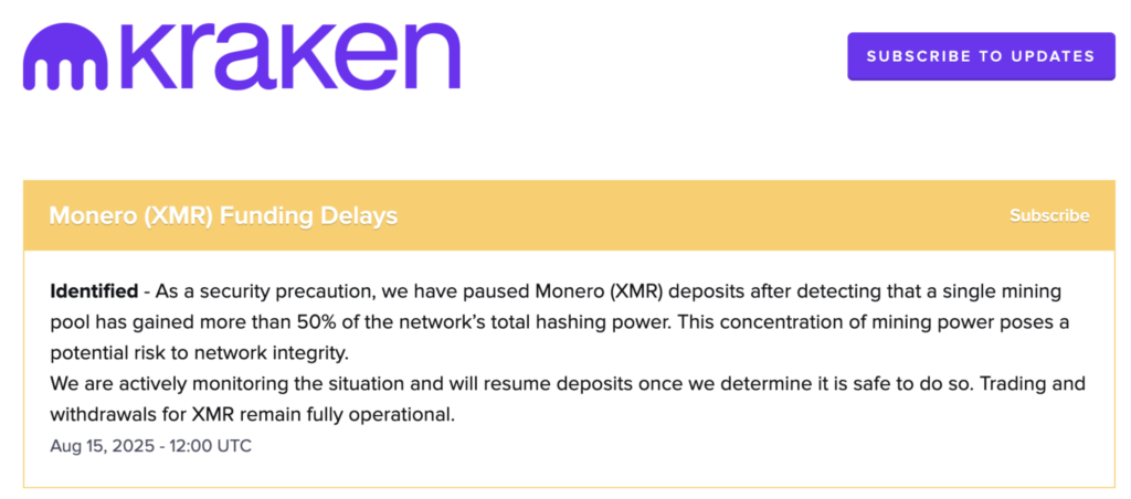 اطلاعیه صرافی کراکن درباره توقف موقتی واریز مونر (XMR) - منبع: Kraken